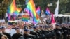 UKRAINE -- Law enforcement officers guard the Kharkiv Pride march organised in support of the LGBT community in Kharkiv, September 12, 2021