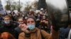 UKRAINE -- Workers of restaurant businesses bang on pans in a sign of protest against the newly introduced coronavirus weekend quarantine in front of the Cabinet in Kyiv, November 11, 2020